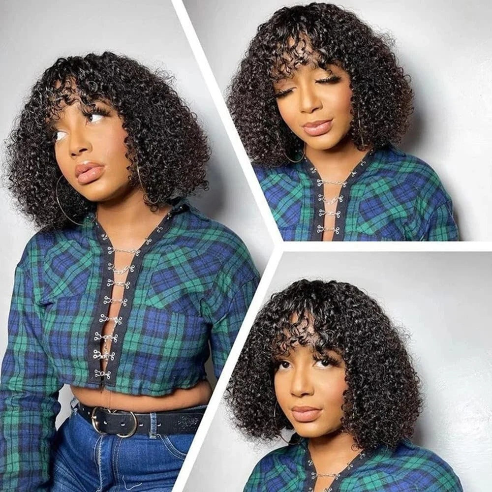 Curly Bob Pixie Human Hair Wig With Bangs