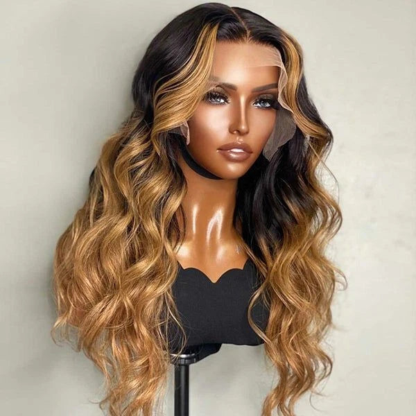 Wavy Lace Front Human Hair Wig – Black Brown Highlights