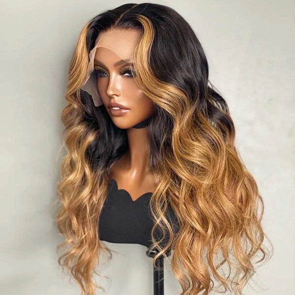 Wavy Lace Front Human Hair Wig – Black Brown Highlights
